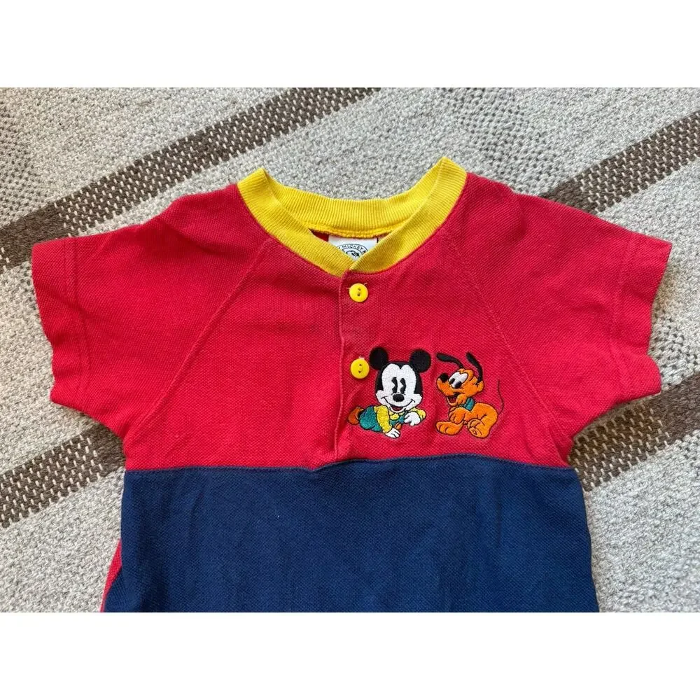 Vintage Disney Baby Mickey Shorts Romper Colorblock 6-9 Month Red Blue